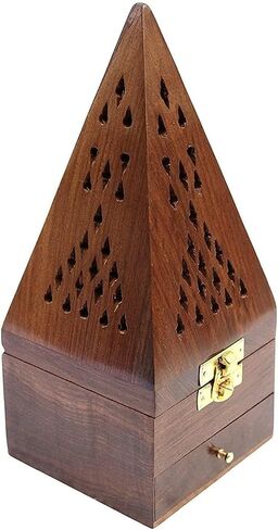 Sambrani Dhoop Holder - Dhoop Agarbatti Stand for Home & Pooja Room, Incense Stick Holder with Ash Catcher, Wooden Oothupathi Loban Cone (Dhoop Stand 3 Inch) (Pyramid Dhoop Stand) (Light-Brown) in Saudi Arabia