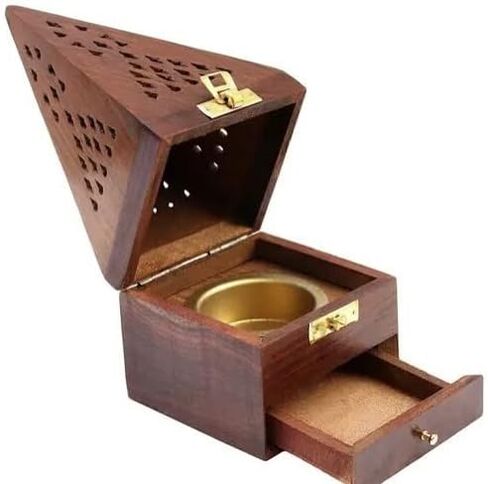 Sambrani Dhoop Holder - Dhoop Agarbatti Stand for Home & Pooja Room, Incense Stick Holder with Ash Catcher, Wooden Oothupathi Loban Cone (Dhoop Stand 3 Inch) (Pyramid Dhoop Stand) (Light-Brown) in Saudi Arabia