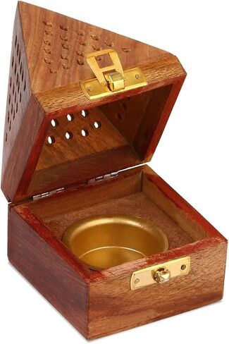 Sambrani Dhoop Holder - Dhoop Agarbatti Stand for Home & Pooja Room, Incense Stick Holder with Ash Catcher, Wooden Oothupathi Loban Cone (Dhoop Stand 3 Inch) (Pyramid Dhoop Stand) (Light-Brown) in Saudi Arabia