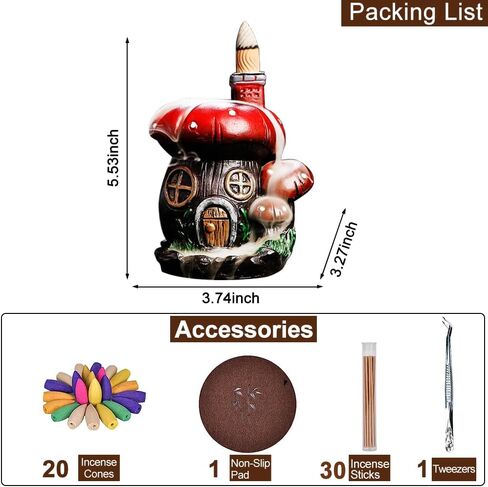 Resin Backflow Incense Holder, Mushroom Waterfall Incense Burner with 20 Backflow Incense Cones + 30 Incense Sticks, Mat, Tweezer, Aromatherapy Ornament Zen Decor, Home Decor in Saudi Arabia