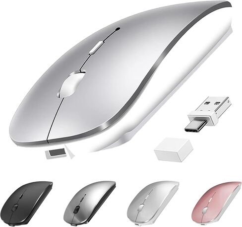 ماوس بلوتوث لاسلكي USB C لجهاز MacBook Air Pro iMac كمبيوتر سطح المكتب، ماوس C صامت لاسلكي قابل لإعادة الشحن لأجهزة Mac المكتبية/iPad/Surface Pro (BT5.2/3.0، 2.4G USB A، جهاز استقبال من النوع C) in Kuwait