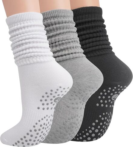 Grip Pilates Socks for Women, Yoga Slouch Socks with Grip for Barre Workout Hospital Long Scrunch Slipper Socks in Saudi Arabia