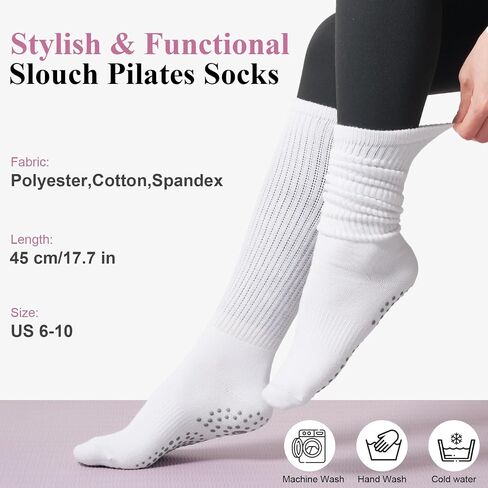 Grip Pilates Socks for Women, Yoga Slouch Socks with Grip for Barre Workout Hospital Long Scrunch Slipper Socks in Saudi Arabia