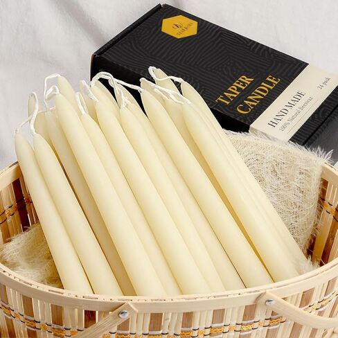24 Pack Beeswax Taper Candles in Bulk 8 inch Tall - All Natural, 100% Pure Unscented Bee Wax Candle, Dripless, 5 Hours Burnning Time -Yellow in Kuwait
