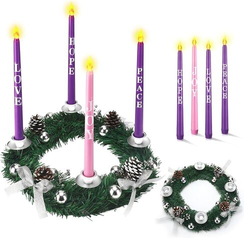 Kathfly 5 Pcs Christmas Advent Wreath with 4 Flameless Candles Holder with Hope Peace Love Joy Candle Christmas Centerpiece Decorations Pine Cones Bowknot for Xmas Advent Holiday Party(Silver) in Kuwait