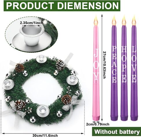 Kathfly 5 Pcs Christmas Advent Wreath with 4 Flameless Candles Holder with Hope Peace Love Joy Candle Christmas Centerpiece Decorations Pine Cones Bowknot for Xmas Advent Holiday Party(Silver) in Kuwait