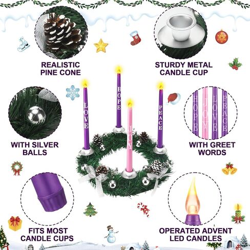 Kathfly 5 Pcs Christmas Advent Wreath with 4 Flameless Candles Holder with Hope Peace Love Joy Candle Christmas Centerpiece Decorations Pine Cones Bowknot for Xmas Advent Holiday Party(Silver) in Kuwait