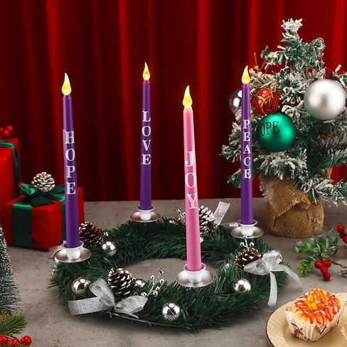 Kathfly 5 Pcs Christmas Advent Wreath with 4 Flameless Candles Holder with Hope Peace Love Joy Candle Christmas Centerpiece Decorations Pine Cones Bowknot for Xmas Advent Holiday Party(Silver) in Kuwait