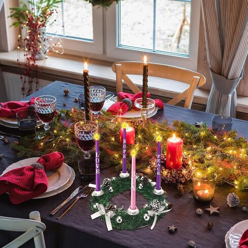Kathfly 5 Pcs Christmas Advent Wreath with 4 Flameless Candles Holder with Hope Peace Love Joy Candle Christmas Centerpiece Decorations Pine Cones Bowknot for Xmas Advent Holiday Party(Silver) in Kuwait