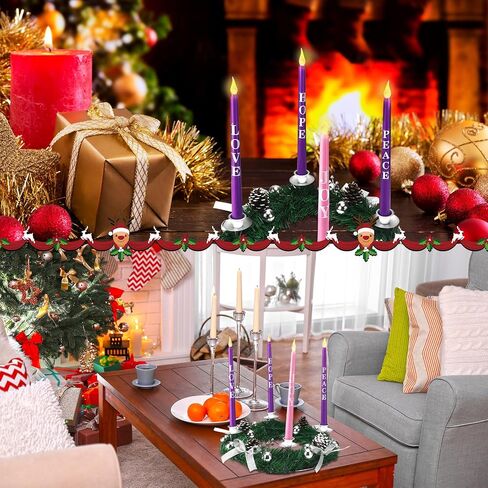 Kathfly 5 Pcs Christmas Advent Wreath with 4 Flameless Candles Holder with Hope Peace Love Joy Candle Christmas Centerpiece Decorations Pine Cones Bowknot for Xmas Advent Holiday Party(Silver) in Kuwait