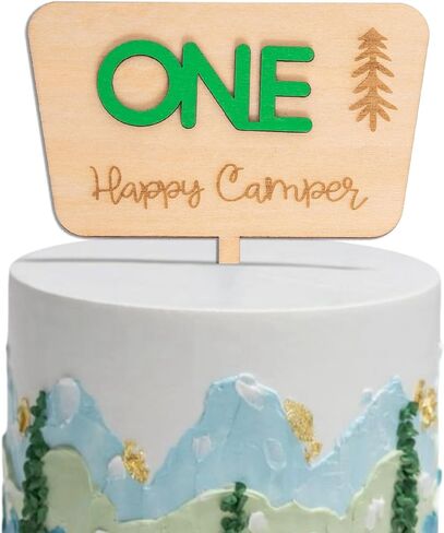One Happy Camper Cake Topper - Camping Theme Wooden Cake Topper, First Birthday Cake Decoration for Baby Shower, 1st Birthday Party, Anniversary, Baby Photo Booth Props... in Kuwait