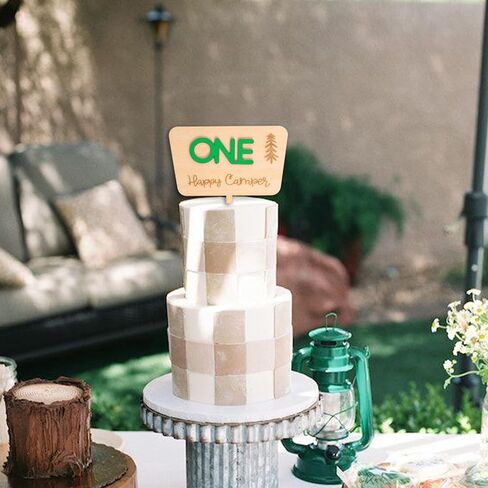 One Happy Camper Cake Topper - Camping Theme Wooden Cake Topper, First Birthday Cake Decoration for Baby Shower, 1st Birthday Party, Anniversary, Baby Photo Booth Props... in Kuwait