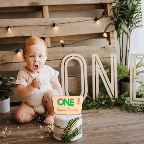One Happy Camper Cake Topper - Camping Theme Wooden Cake Topper, First Birthday Cake Decoration for Baby Shower, 1st Birthday Party, Anniversary, Baby Photo Booth Props... in Kuwait