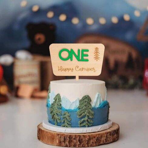One Happy Camper Cake Topper - Camping Theme Wooden Cake Topper, First Birthday Cake Decoration for Baby Shower, 1st Birthday Party, Anniversary, Baby Photo Booth Props... in Kuwait