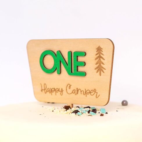 One Happy Camper Cake Topper - Camping Theme Wooden Cake Topper, First Birthday Cake Decoration for Baby Shower, 1st Birthday Party, Anniversary, Baby Photo Booth Props... in Kuwait