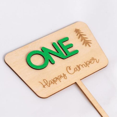One Happy Camper Cake Topper - Camping Theme Wooden Cake Topper, First Birthday Cake Decoration for Baby Shower, 1st Birthday Party, Anniversary, Baby Photo Booth Props... in Kuwait