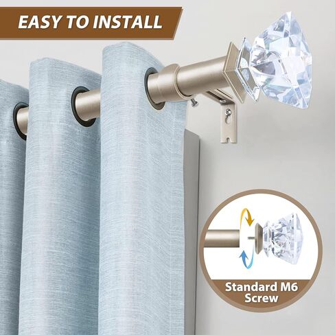 قضبان ستائر KAMANINA مقاس 1 بوصة من 72 إلى 144 بوصة (6-12 قدم)، وقضبان ستائر مفردة باللون الذهبي الشمبانيا للنوافذ، وأطراف كريستال أكريليك in Kuwait