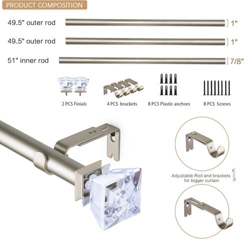 قضبان ستائر KAMANINA مقاس 1 بوصة من 72 إلى 144 بوصة (6-12 قدم)، وقضبان ستائر مفردة باللون الذهبي الشمبانيا للنوافذ، وأطراف كريستال أكريليك in Kuwait