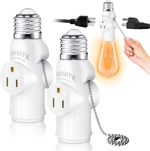 2 Packs Tobasovk Light Socket to Plug Adapter, 3 Prong Light Bulb Outlet Socket Adapter with Pull Chain, Light Socket Outlet Extender, Safety Performance & Professional Material - White in Saudi Arabia