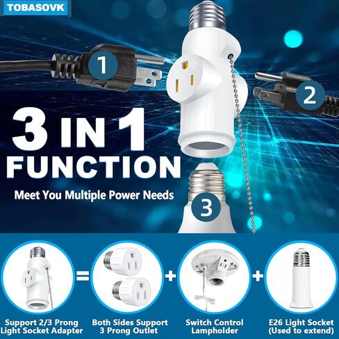 2 Packs Tobasovk Light Socket to Plug Adapter, 3 Prong Light Bulb Outlet Socket Adapter with Pull Chain, Light Socket Outlet Extender, Safety Performance & Professional Material - White in Saudi Arabia