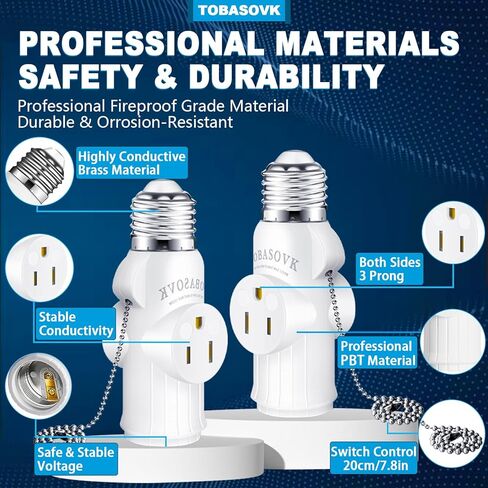 2 Packs Tobasovk Light Socket to Plug Adapter, 3 Prong Light Bulb Outlet Socket Adapter with Pull Chain, Light Socket Outlet Extender, Safety Performance & Professional Material - White in Saudi Arabia