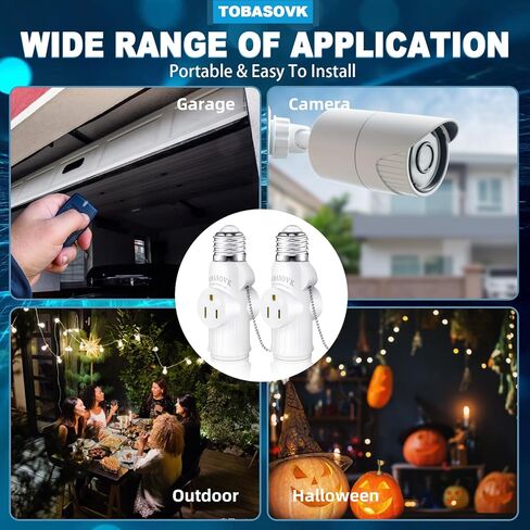2 Packs Tobasovk Light Socket to Plug Adapter, 3 Prong Light Bulb Outlet Socket Adapter with Pull Chain, Light Socket Outlet Extender, Safety Performance & Professional Material - White in Saudi Arabia
