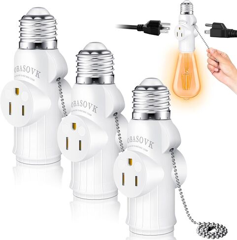 2 Packs Tobasovk Light Socket to Plug Adapter, 3 Prong Light Bulb Outlet Socket Adapter with Pull Chain, Light Socket Outlet Extender, Safety Performance & Professional Material - White in Saudi Arabia