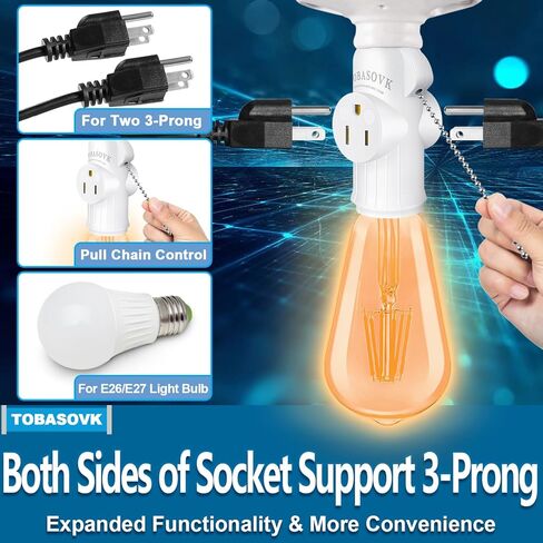 عبوتان من مقبس الإضاءة Tobasovk لمحول التوصيل، محول مقبس مخرج لمبة إضاءة 3 شقوق مع سلسلة سحب، موسع مخرج مقبس الضوء، أداء آمن ومواد احترافية - أبيض in Kuwait