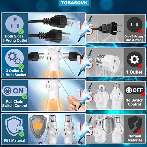 2 Packs Tobasovk Light Socket to Plug Adapter, 3 Prong Light Bulb Outlet Socket Adapter with Pull Chain, Light Socket Outlet Extender, Safety Performance & Professional Material - White in Saudi Arabia