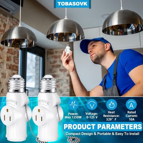 عبوتان من مقبس الإضاءة Tobasovk لمحول التوصيل، محول مقبس مخرج لمبة إضاءة 3 شقوق مع سلسلة سحب، موسع مخرج مقبس الضوء، أداء آمن ومواد احترافية - أبيض in Kuwait