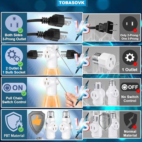 عبوتان من مقبس الإضاءة Tobasovk لمحول التوصيل، محول مقبس مخرج لمبة إضاءة 3 شقوق مع سلسلة سحب، موسع مخرج مقبس الضوء، أداء آمن ومواد احترافية - أبيض in Kuwait