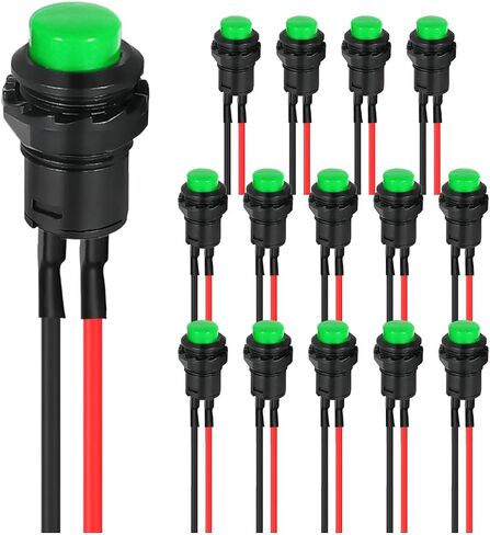15Pcs Self-Locking Switch 12mm Green Mini Latching Push Button Switch ON Off AC 250V/1.5A 125V/3A Micro Round Push Button Switch 2Pin 12V with Pre-Wired Wires for PC Table Lamp DIY Model in Kuwait