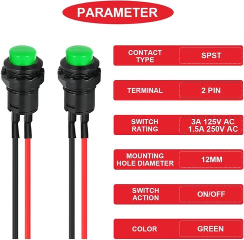 15Pcs Self-Locking Switch 12mm Green Mini Latching Push Button Switch ON Off AC 250V/1.5A 125V/3A Micro Round Push Button Switch 2Pin 12V with Pre-Wired Wires for PC Table Lamp DIY Model in Kuwait