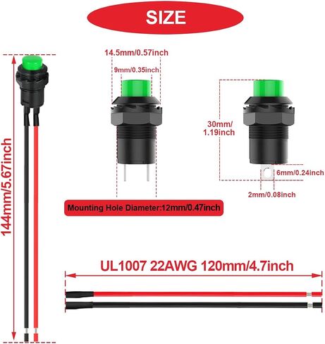 15Pcs Self-Locking Switch 12mm Green Mini Latching Push Button Switch ON Off AC 250V/1.5A 125V/3A Micro Round Push Button Switch 2Pin 12V with Pre-Wired Wires for PC Table Lamp DIY Model in Kuwait