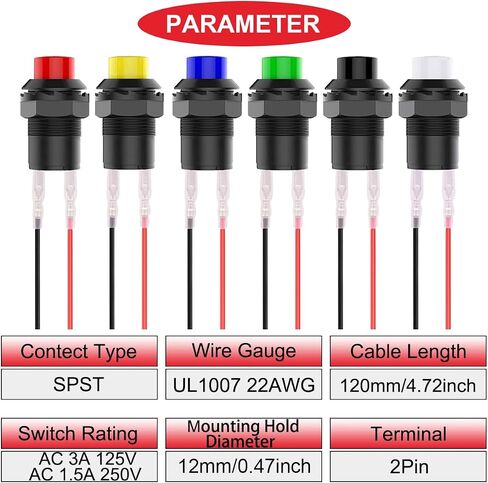 15Pcs Self-Locking Switch 12mm Green Mini Latching Push Button Switch ON Off AC 250V/1.5A 125V/3A Micro Round Push Button Switch 2Pin 12V with Pre-Wired Wires for PC Table Lamp DIY Model in Kuwait