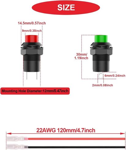 15Pcs Self-Locking Switch 12mm Green Mini Latching Push Button Switch ON Off AC 250V/1.5A 125V/3A Micro Round Push Button Switch 2Pin 12V with Pre-Wired Wires for PC Table Lamp DIY Model in Kuwait