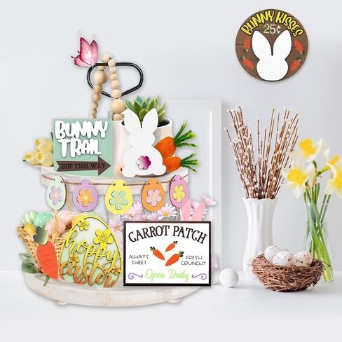 12PCS Easter Tiered Tray Decor, Wooden Bunny Easter Tiered Tray Decorations Set, Farmhouse Egg Rabbits Carrots Easter Tiered Tray Decor Items Bundle, Rustic Easter Decorations for Home Kitchen Party in Saudi Arabia