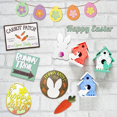 12PCS Easter Tiered Tray Decor, Wooden Bunny Easter Tiered Tray Decorations Set, Farmhouse Egg Rabbits Carrots Easter Tiered Tray Decor Items Bundle, Rustic Easter Decorations for Home Kitchen Party in Saudi Arabia