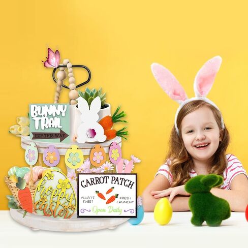 12PCS Easter Tiered Tray Decor, Wooden Bunny Easter Tiered Tray Decorations Set, Farmhouse Egg Rabbits Carrots Easter Tiered Tray Decor Items Bundle, Rustic Easter Decorations for Home Kitchen Party in Saudi Arabia