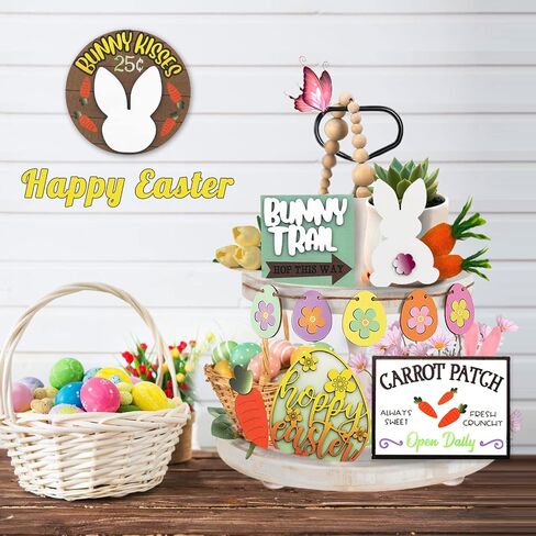12PCS Easter Tiered Tray Decor, Wooden Bunny Easter Tiered Tray Decorations Set, Farmhouse Egg Rabbits Carrots Easter Tiered Tray Decor Items Bundle, Rustic Easter Decorations for Home Kitchen Party in Saudi Arabia