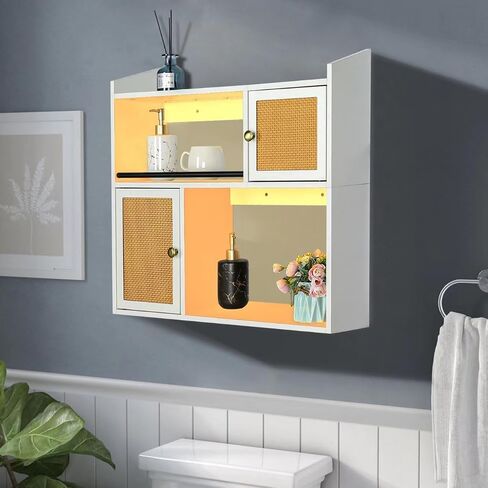 Wall Cabinet with LED Light, Floating Shelves for Bedroom Kitchen Coffee Bar Decor, Medicine Cabinet with Doors & 2 Open Shelves for Bathroom Over Toilet Storage - White in Saudi Arabia