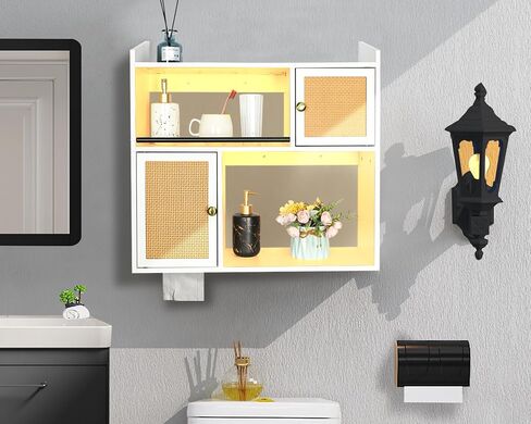 Wall Cabinet with LED Light, Floating Shelves for Bedroom Kitchen Coffee Bar Decor, Medicine Cabinet with Doors & 2 Open Shelves for Bathroom Over Toilet Storage - White in Saudi Arabia