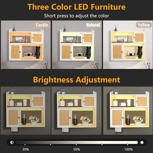 Wall Cabinet with LED Light, Floating Shelves for Bedroom Kitchen Coffee Bar Decor, Medicine Cabinet with Doors & 2 Open Shelves for Bathroom Over Toilet Storage - White in Saudi Arabia