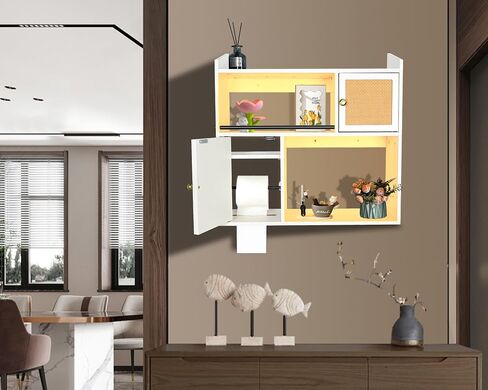 Wall Cabinet with LED Light, Floating Shelves for Bedroom Kitchen Coffee Bar Decor, Medicine Cabinet with Doors & 2 Open Shelves for Bathroom Over Toilet Storage - White in Saudi Arabia