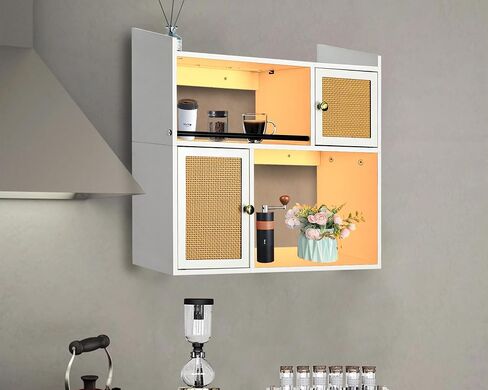 Wall Cabinet with LED Light, Floating Shelves for Bedroom Kitchen Coffee Bar Decor, Medicine Cabinet with Doors & 2 Open Shelves for Bathroom Over Toilet Storage - White in Saudi Arabia