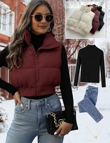 Dqbeng Puffer Vest Women Zip Up Stand Collar Sleeveless Outerwear Cropped Puffer Vest Padded Gilet in Kuwait