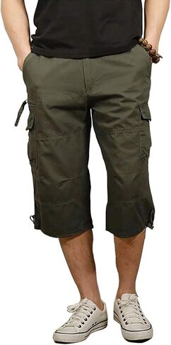 Kolongvangie Men's Cargo Shorts 3/4 Capri Below Knee Cotton Casual Long Inseam Work Short with Multi Pockets in Kuwait