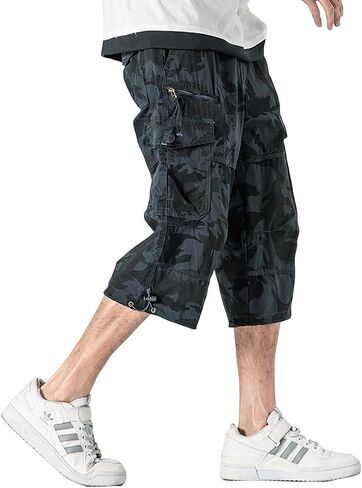 Kolongvangie Men's Cargo Shorts 3/4 Capri Below Knee Cotton Casual Long Inseam Work Short with Multi Pockets in Kuwait