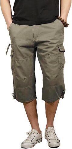 Kolongvangie Men's Cargo Shorts 3/4 Capri Below Knee Cotton Casual Long Inseam Work Short with Multi Pockets in Kuwait
