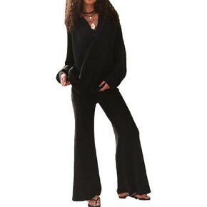 Womens Two Piece Sets Casual Long Sleeve V Neck Knit Pullover Top Wide Leg Pants Sweatsuit Lounge Outfits